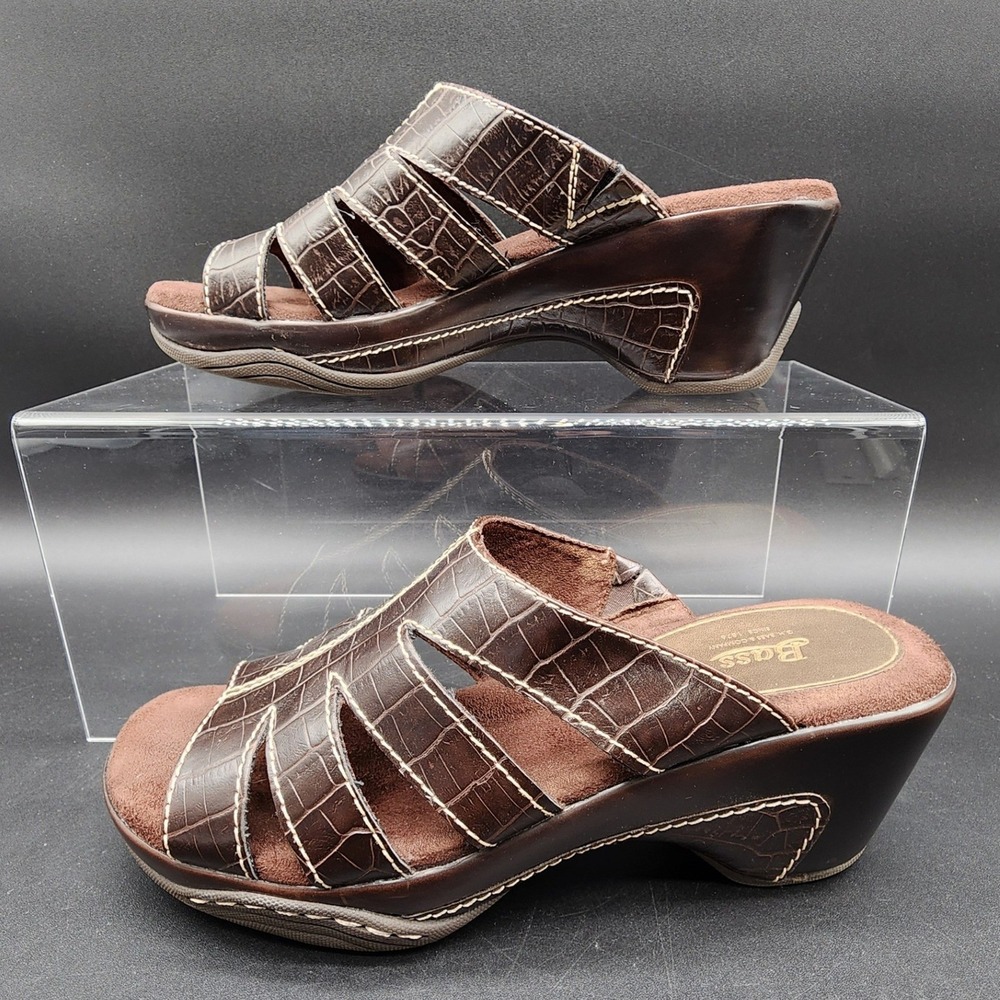 Bass 8M Brown Mildred Wedge Slide Sandals Faux Croc Embossed Leather Retro Shoe
